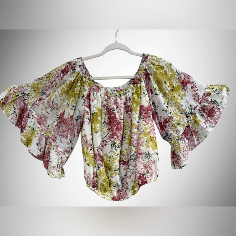eesome brand women's blouse with floral pattern off-the-shoulder neckline Small - Picture 3 of 11